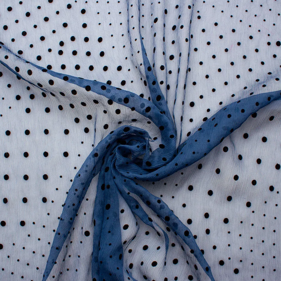 French Blue Spotted Pure Silk Crinkled Chiffon