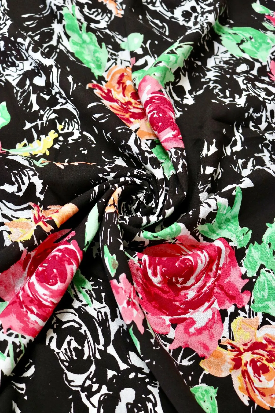 Fuchsia & Orange Roses Rayon Challis