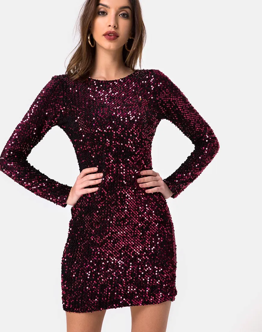 Gabby Plunge Back Dress in Wine Sequin