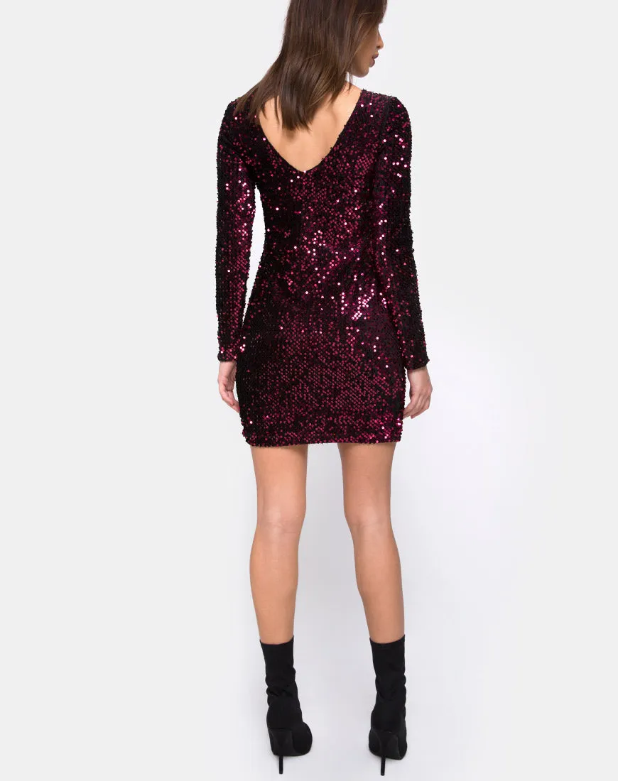 Gabby Plunge Back Dress in Wine Sequin