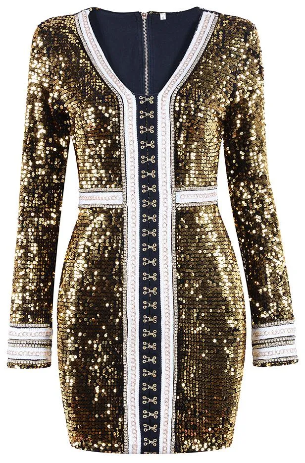 Gold Sequin-Embellished Long-Sleeve Mini Dress