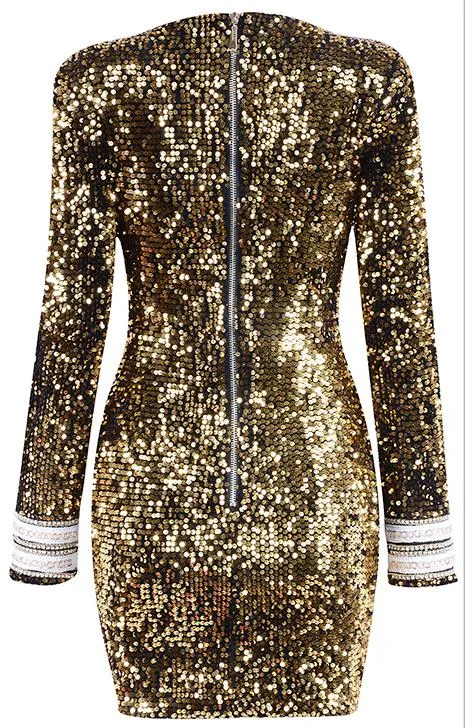 Gold Sequin-Embellished Long-Sleeve Mini Dress