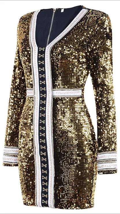 Gold Sequin-Embellished Long-Sleeve Mini Dress