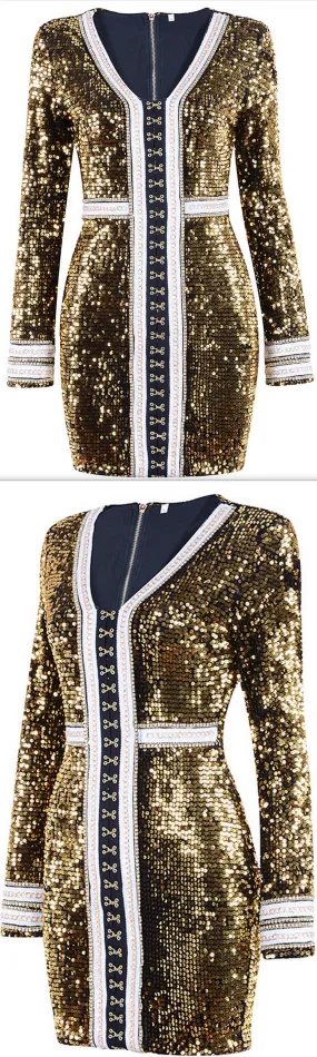 Gold Sequin-Embellished Long-Sleeve Mini Dress