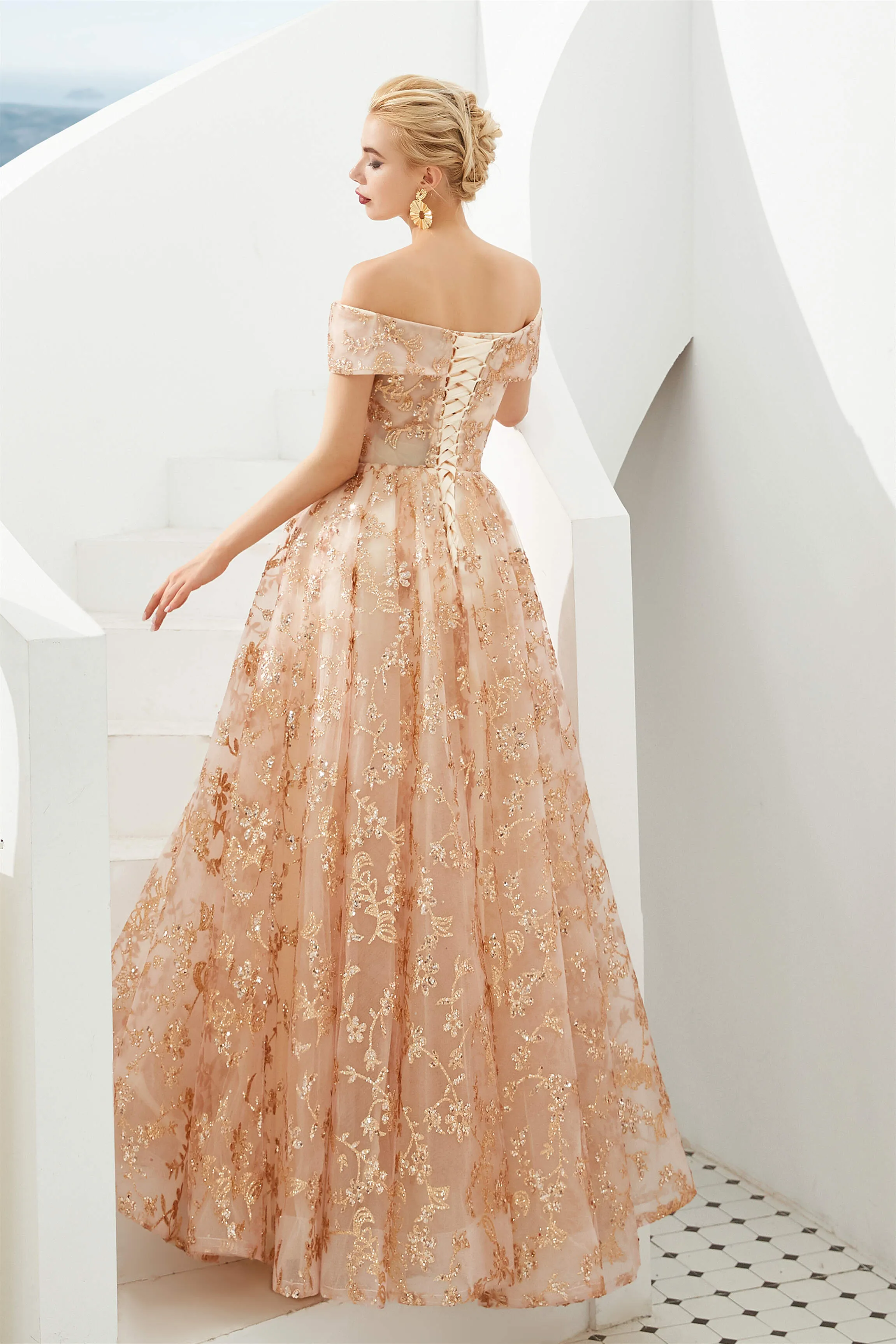 Gold Sequin Off the Shoulder A-line Floor Length Lace Prom Dresses