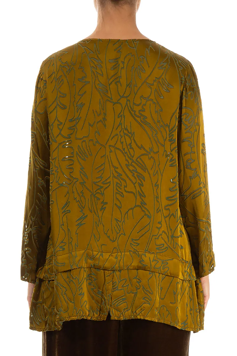 Golden Olive Devoré Feather Silk Blouse