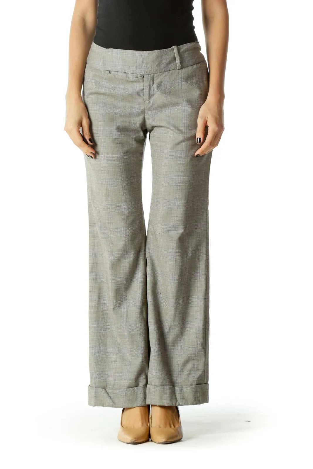 Gray Glen Check Folded Hem Straight Leg Pants