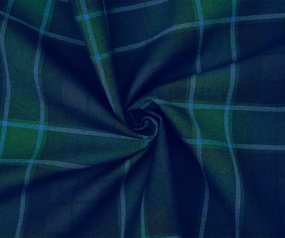 Green-Blue-Black Polyester Wool Plaid Twill Suiting Woven Fabric