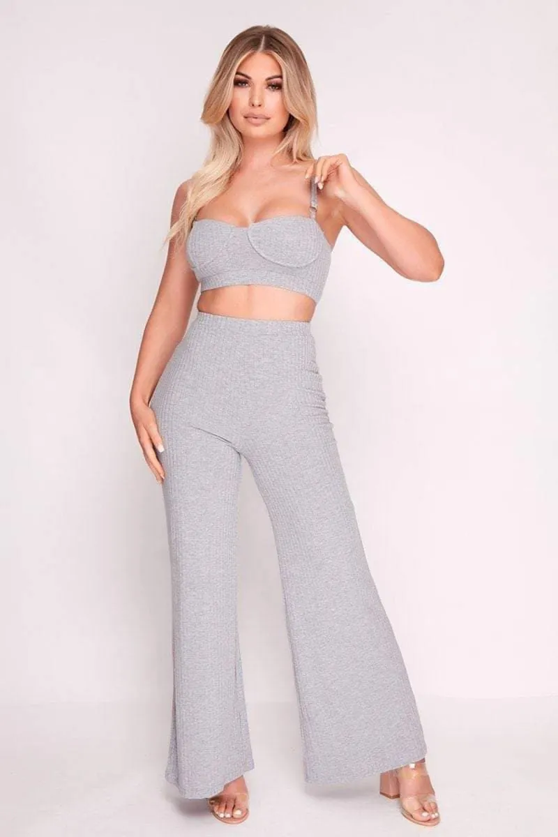 Grey Ribbed Bralette Top And Palazzo Pants Set