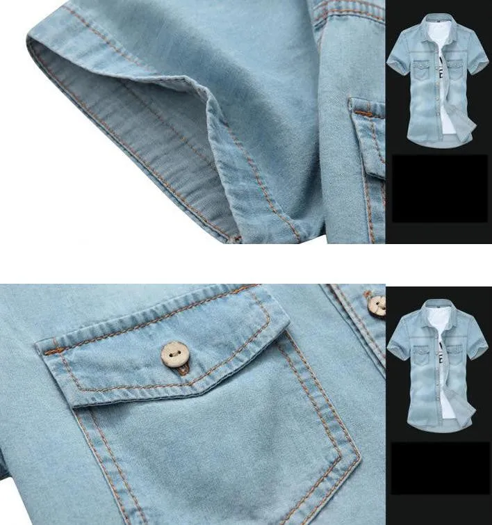 Hot Sale Men's Fashion Solid Short-sleeved Shirt Male Casual Comforatble Korean Style Turn-down Collar Denim Short