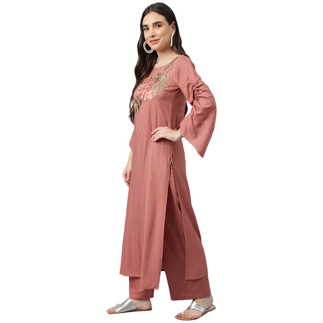 Idalia Rose Gold embroidered Straight Rayon Kurta With Palazzo Pants