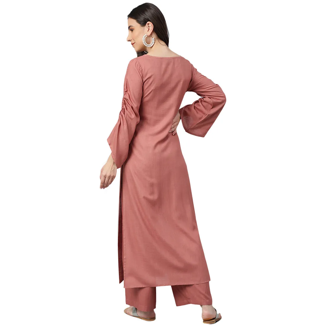 Idalia Rose Gold embroidered Straight Rayon Kurta With Palazzo Pants