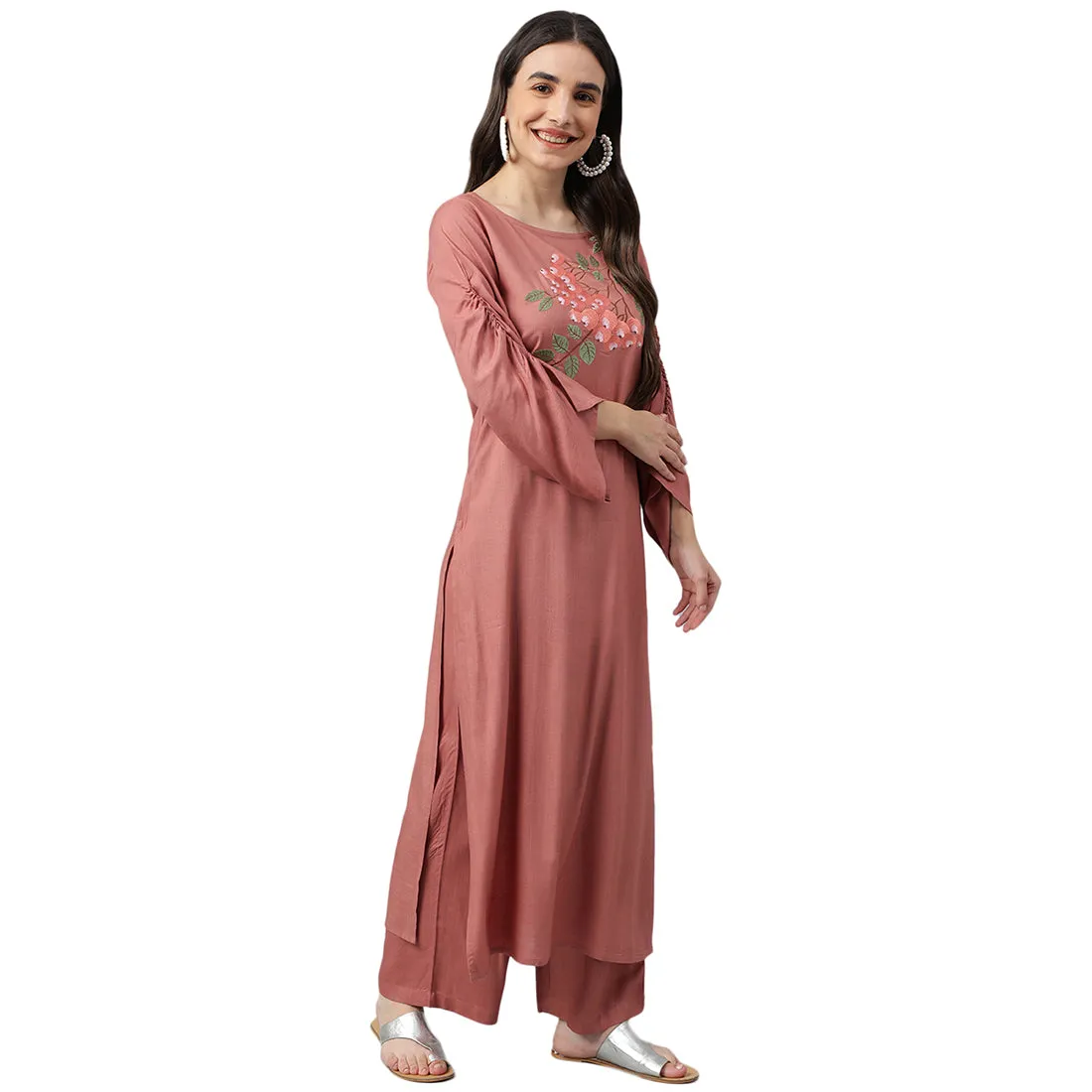 Idalia Rose Gold embroidered Straight Rayon Kurta With Palazzo Pants