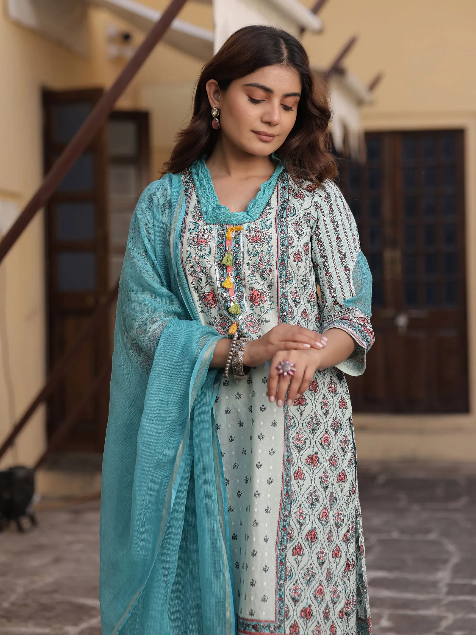 Jashvi Blue Ethnic Motif Printed Pure Cotton Kurta Palazzo & Dupatta Set with Beads