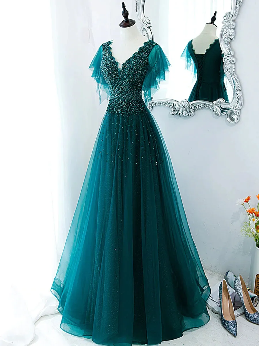 kamahe Green Prom Dresses, V Neck Tulle Sequin Beads Long Prom Dress Hand Made Evening Dress