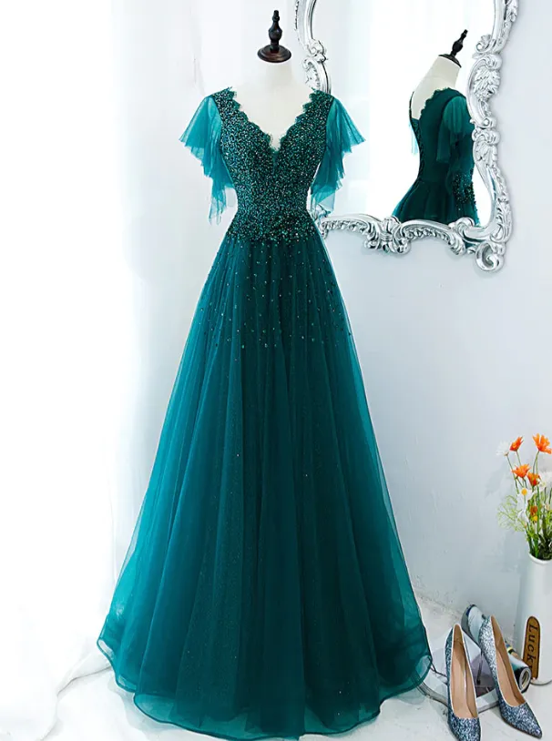 kamahe Green Prom Dresses, V Neck Tulle Sequin Beads Long Prom Dress Hand Made Evening Dress