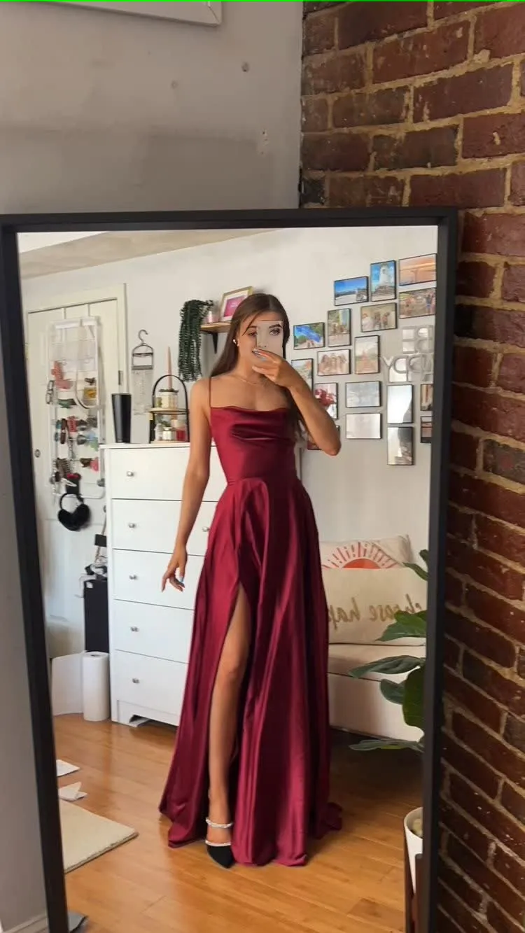 kamahe Spaghetti Straps Red Long Prom Dresses,Satin A-Line Evening Gown with Slit