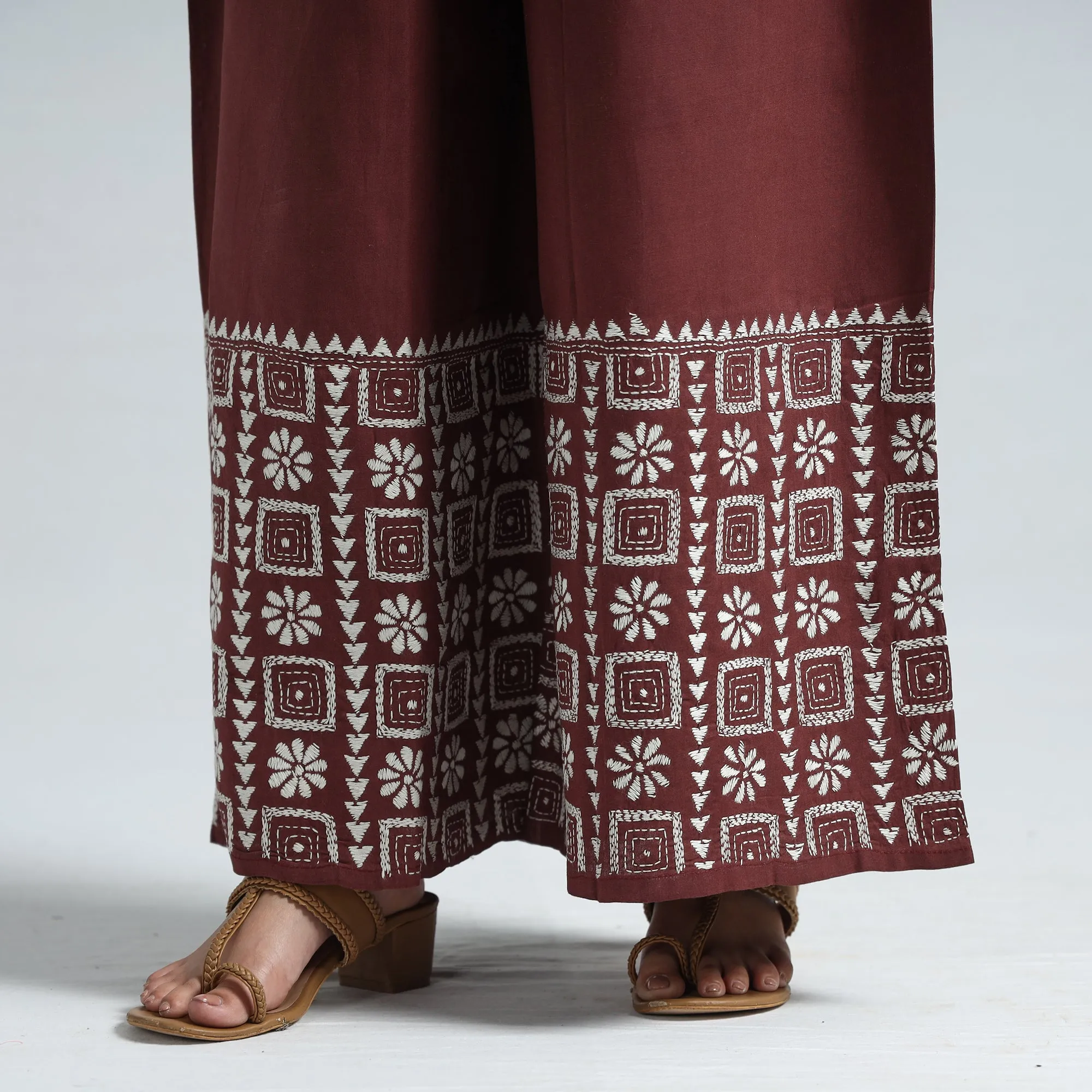 Maroon - Bengal Kantha Embroidery Cotton Palazzo 40