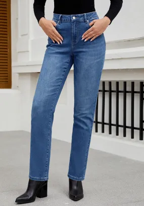 Medium Blue Women's High Waisted Full Length Straight Leg Jeans With Pockets