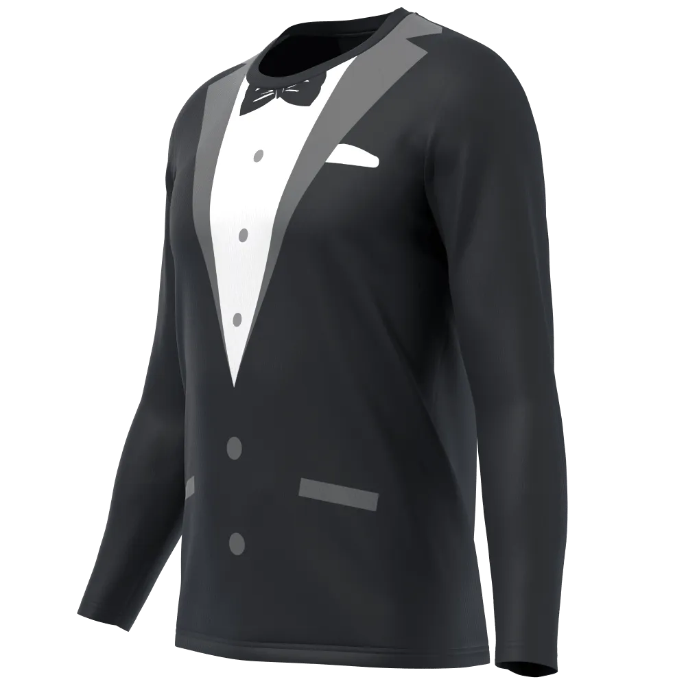 Men's Groom Formal Black Suit and Bow Long Sleeve Running Shirt