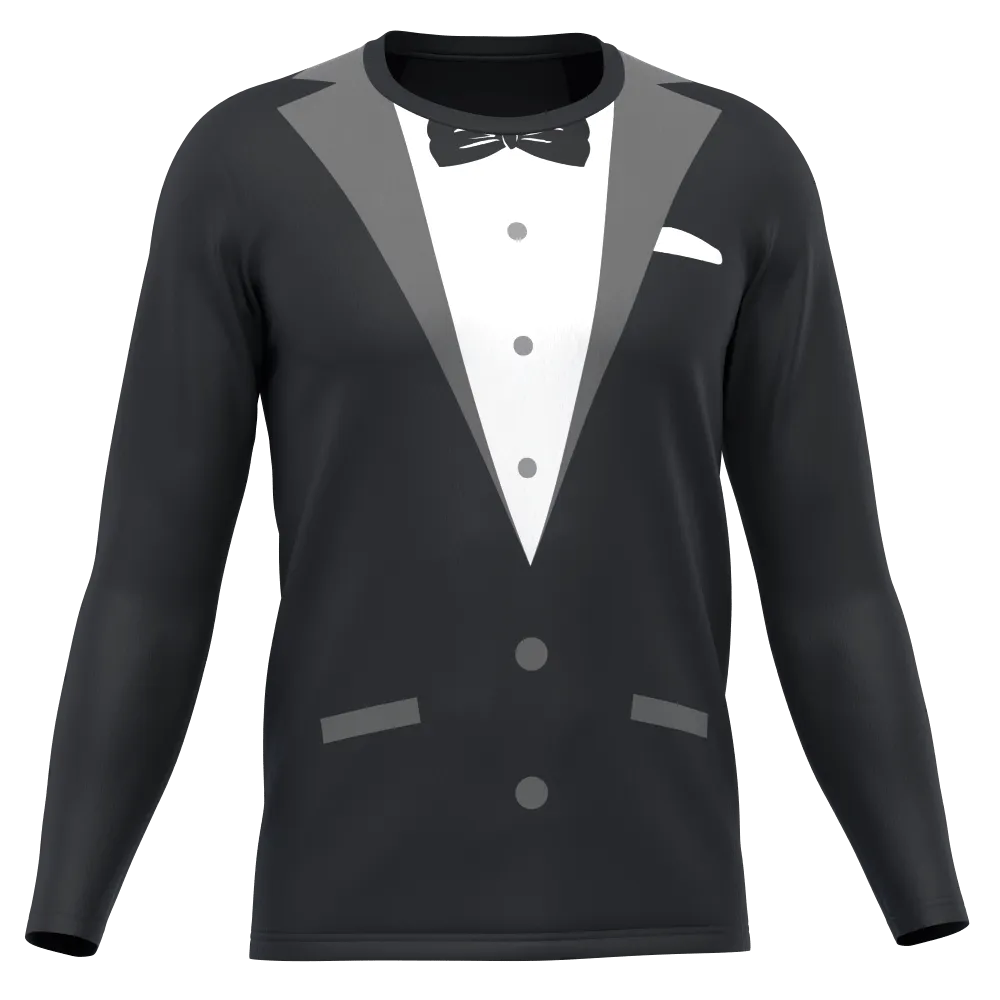 Men's Groom Formal Black Suit and Bow Long Sleeve Running Shirt