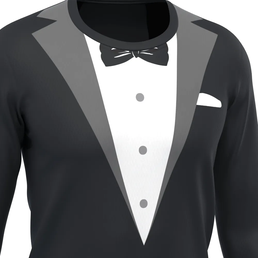 Men's Groom Formal Black Suit and Bow Long Sleeve Running Shirt