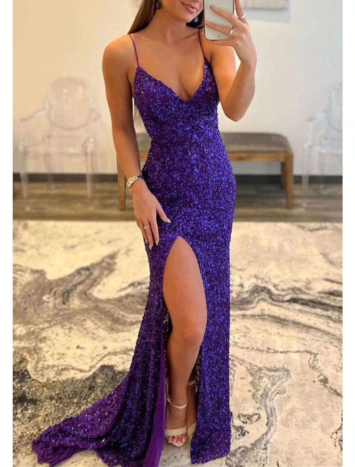 Mermaid / Trumpet Prom Dresses Sparkle & Shine Dress Formal Wedding Guest Sweep / Brush Train Sleeveless V Neck Sequined Backless with Sequin Slit