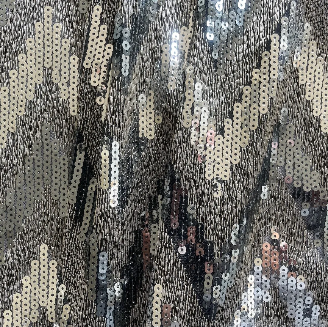 Mid-Weight Dramatic Metallic Sequined Chevron on Black Polyester Tulle (Made in Korea)