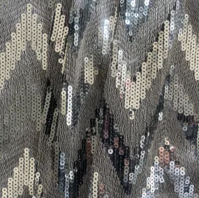 Mid-Weight Dramatic Metallic Sequined Chevron on Black Polyester Tulle (Made in Korea)