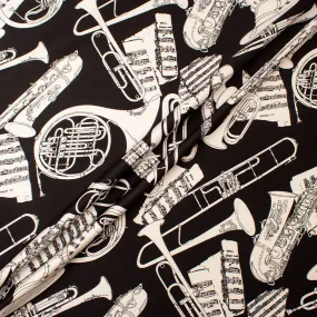 Monochrome Musical Instruments Printed Black Silk Twill