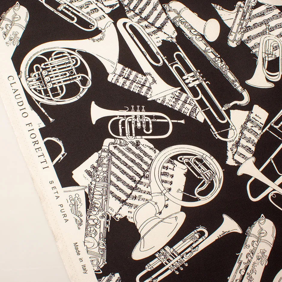 Monochrome Musical Instruments Printed Black Silk Twill