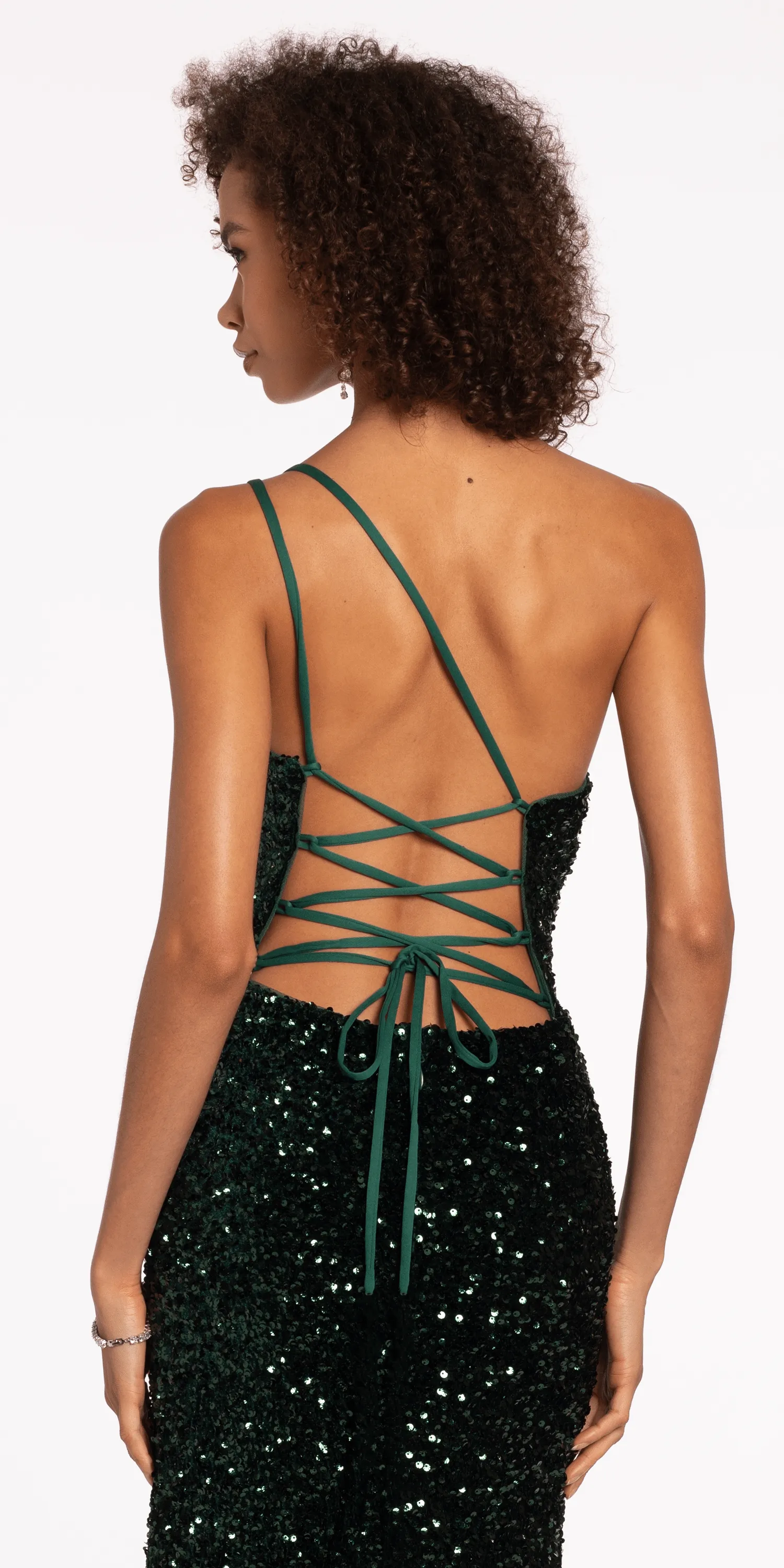 One Keyhole Shoulder Sequin Lace Up Back Mermaid Dress with Side Slit