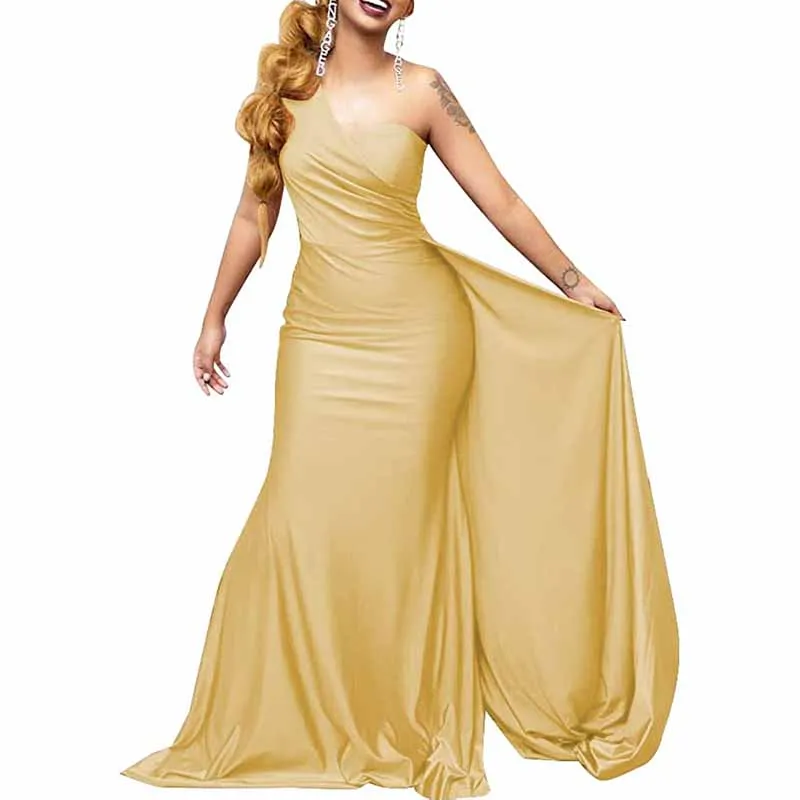 One Shoulder Satin Bridesmaid Dresses Long Mermaid Prom Dresses Ruched Formal Evening Gowns