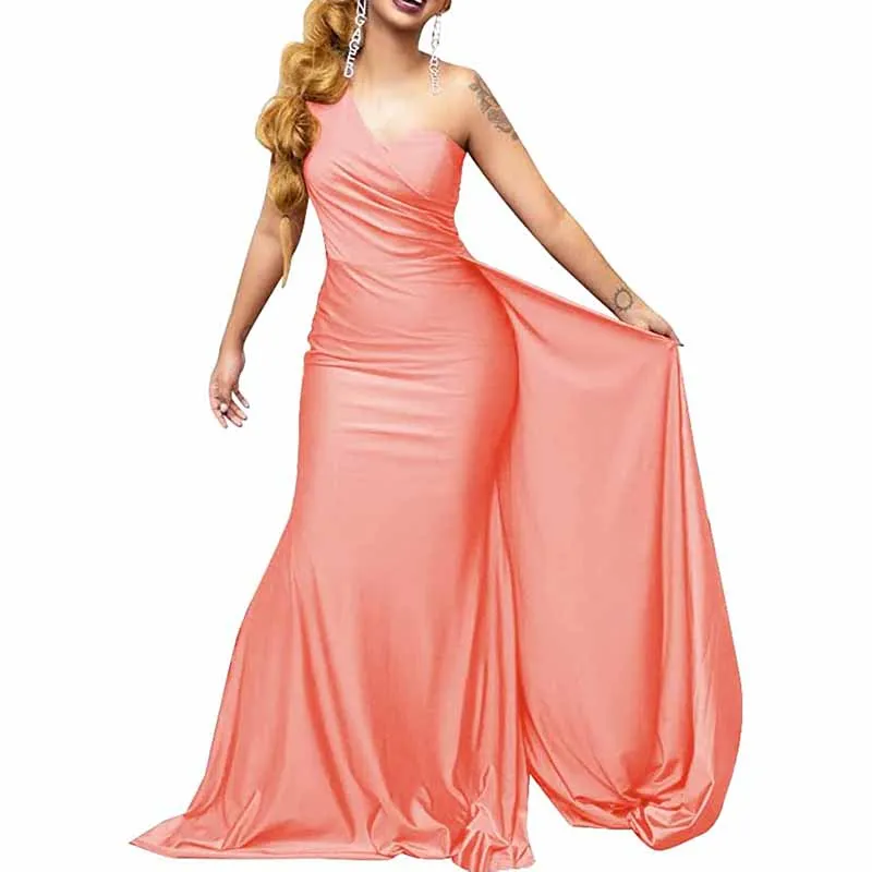 One Shoulder Satin Bridesmaid Dresses Long Mermaid Prom Dresses Ruched Formal Evening Gowns