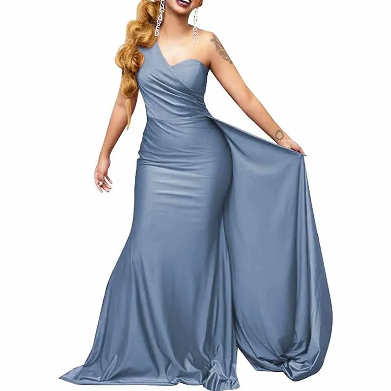 One Shoulder Satin Bridesmaid Dresses Long Mermaid Prom Dresses Ruched Formal Evening Gowns