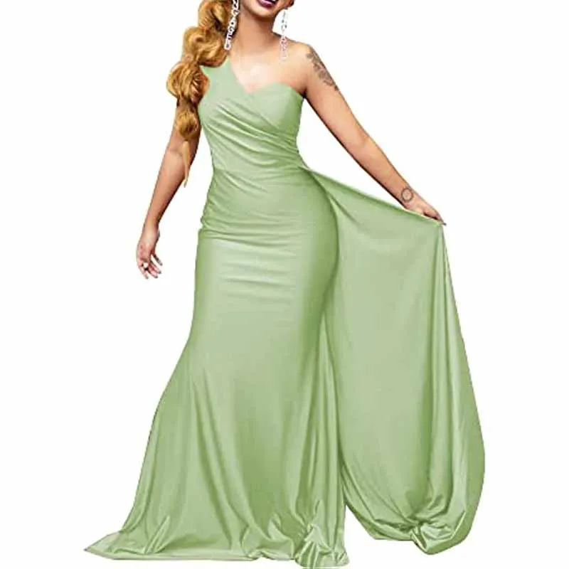 One Shoulder Satin Bridesmaid Dresses Long Mermaid Prom Dresses Ruched Formal Evening Gowns