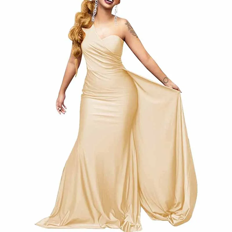 One Shoulder Satin Bridesmaid Dresses Long Mermaid Prom Dresses Ruched Formal Evening Gowns