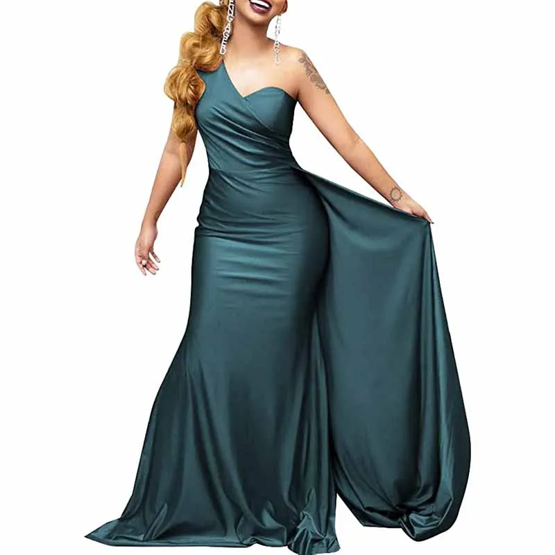 One Shoulder Satin Bridesmaid Dresses Long Mermaid Prom Dresses Ruched Formal Evening Gowns