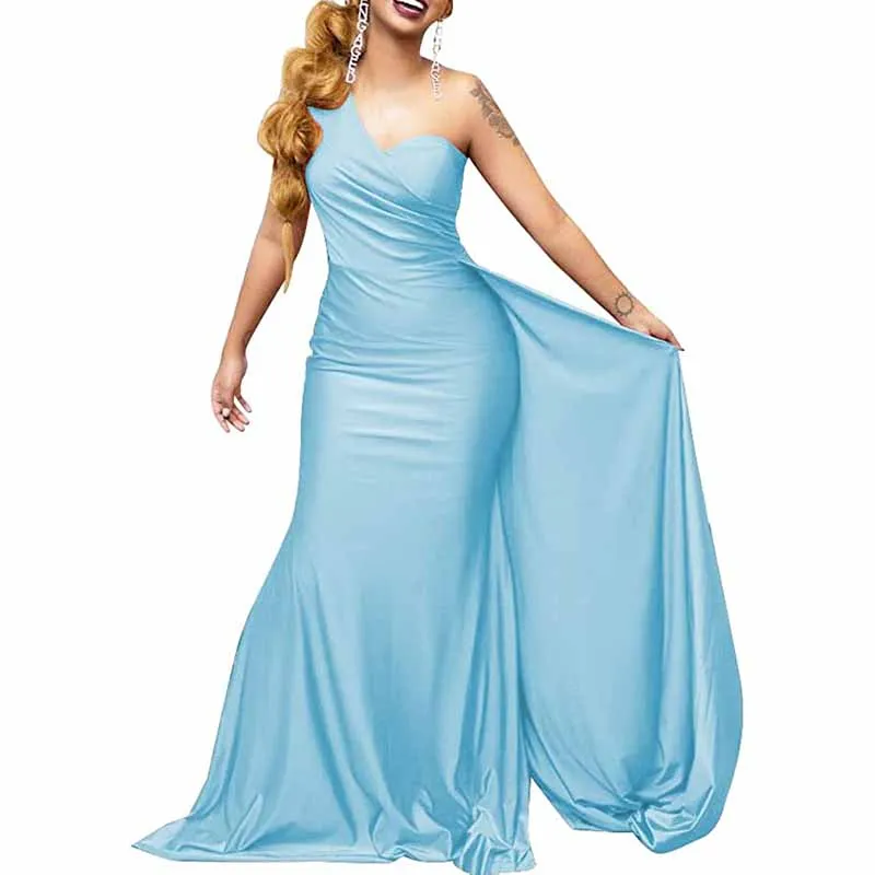 One Shoulder Satin Bridesmaid Dresses Long Mermaid Prom Dresses Ruched Formal Evening Gowns