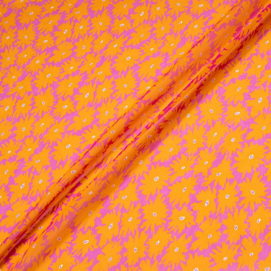 Orange Floral Printed Fuchsia Pure Silk Georgette