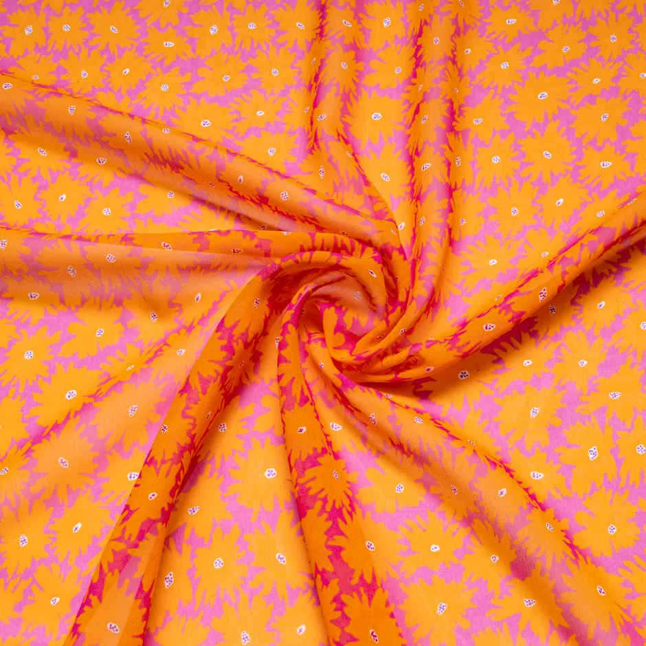 Orange Floral Printed Fuchsia Pure Silk Georgette