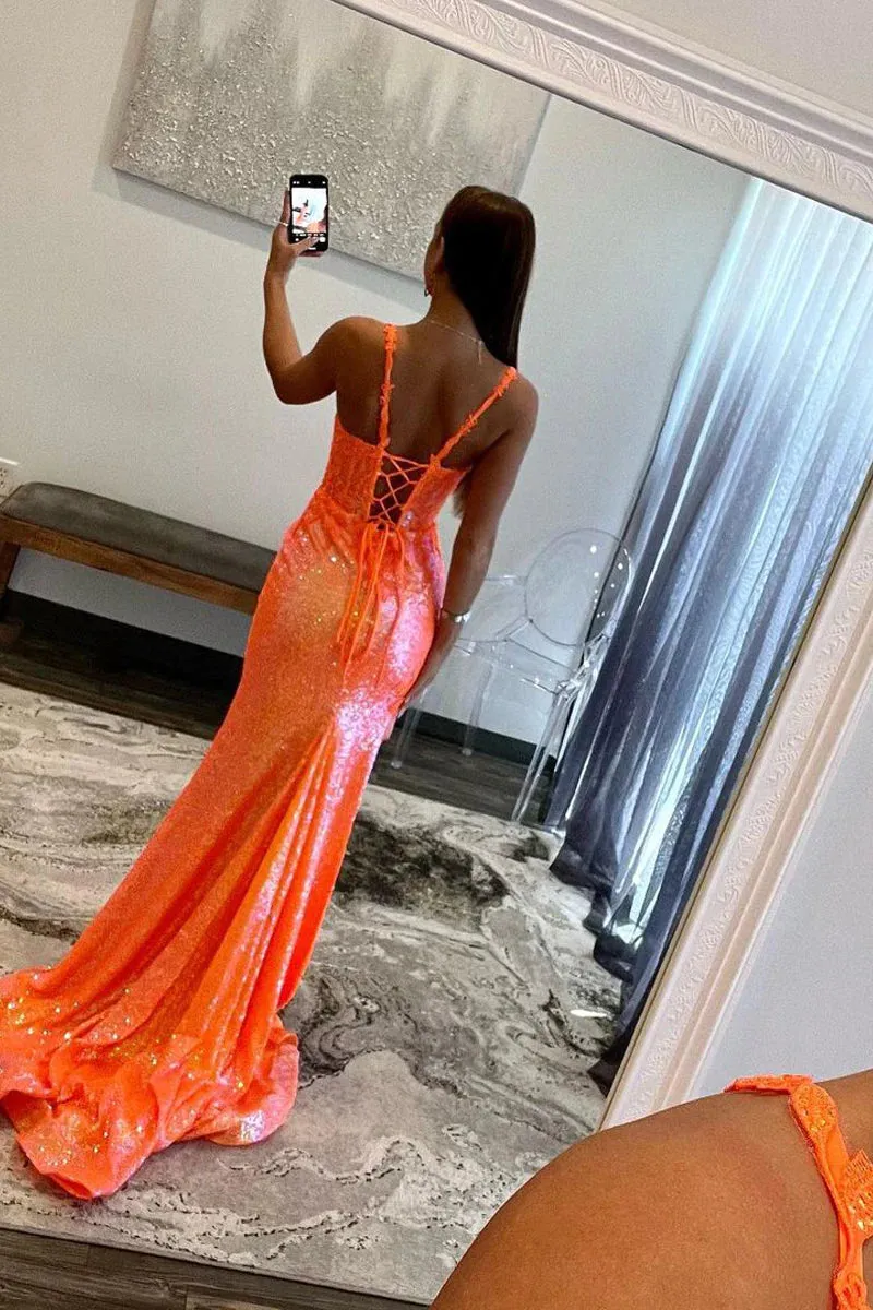 Orange Mermaid Straps Sequin Lace Long Prom Dresses with Side Slit