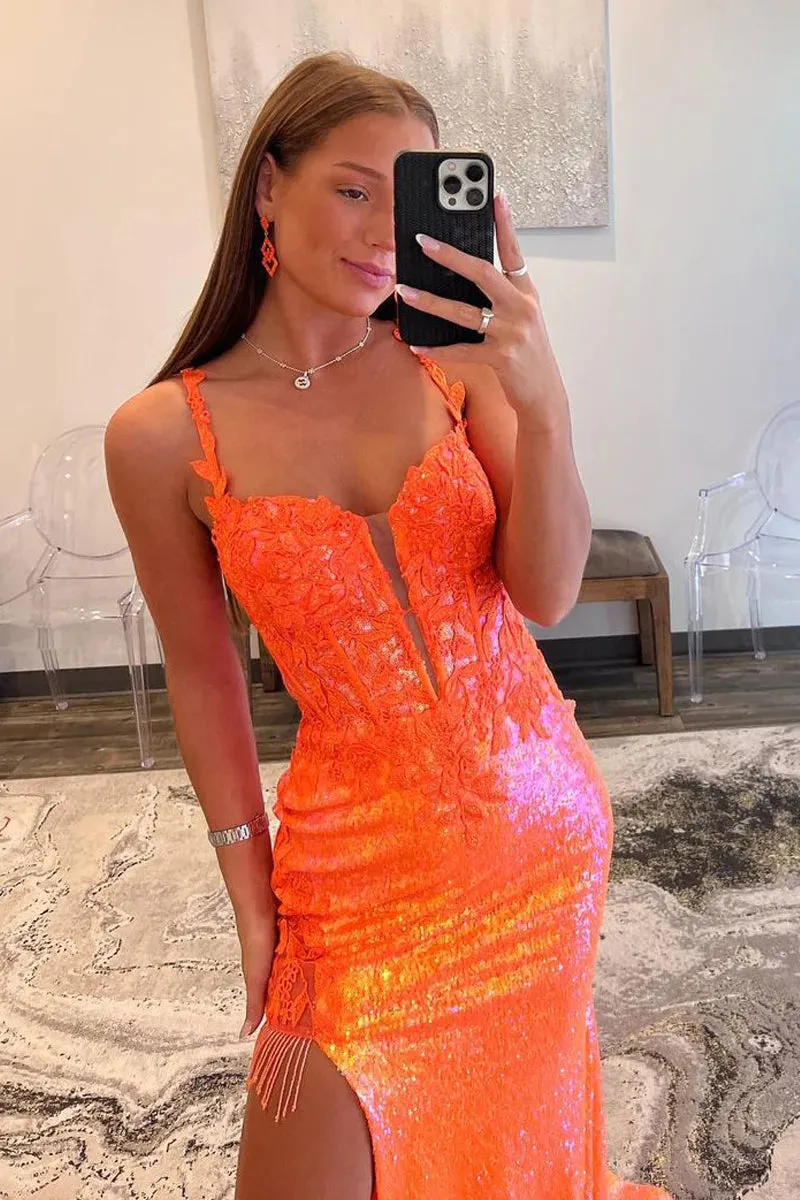 Orange Mermaid Straps Sequin Lace Long Prom Dresses with Side Slit