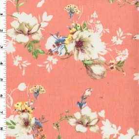 Peach/Green/Multi Printed Floral Semi-Sheer Slub Twill Woven Fabric