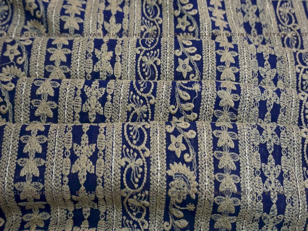 Royal Blue Thread Embroidered Silk Fabric