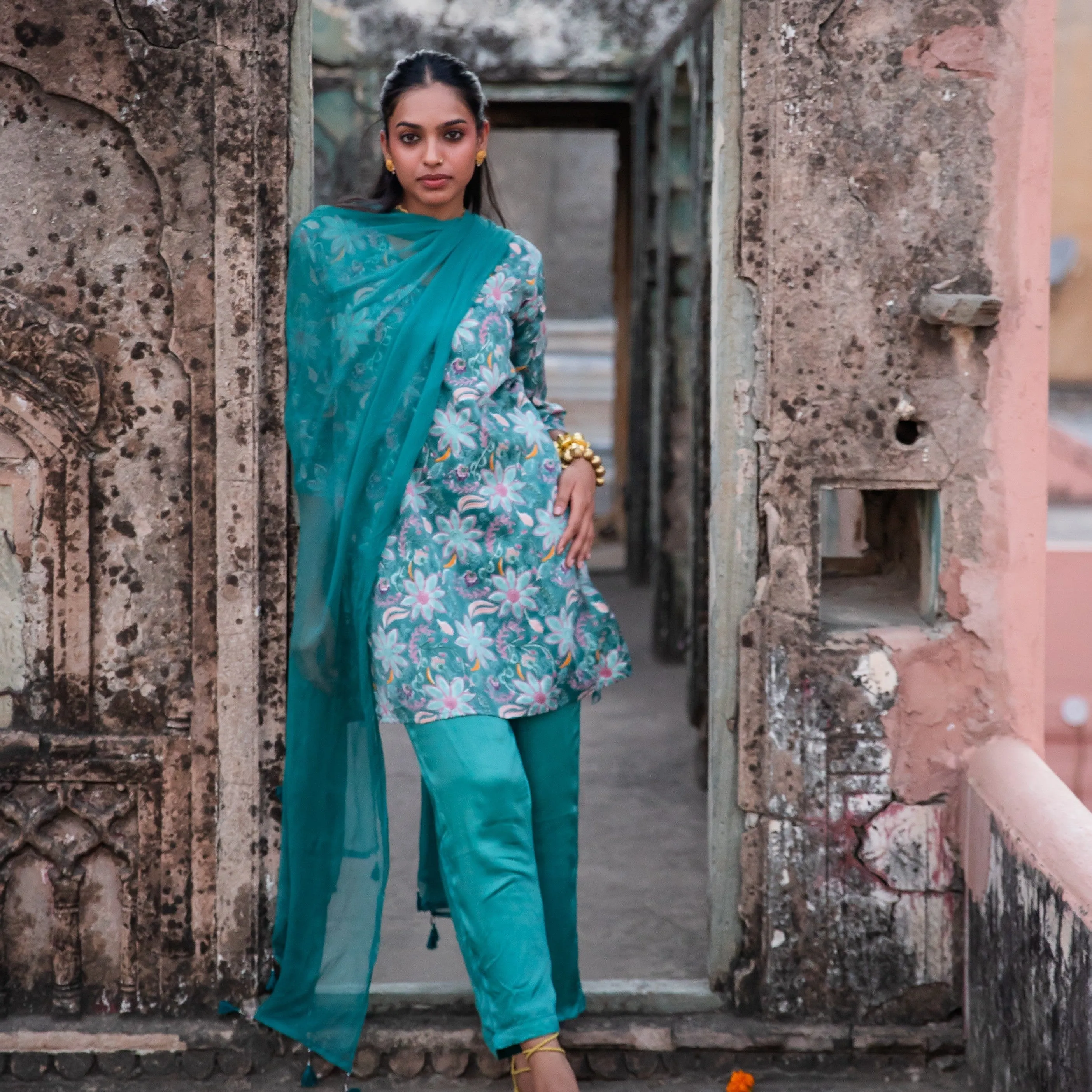 Ruhani Green Paisley Blockprinted Suit Set with Dupatta