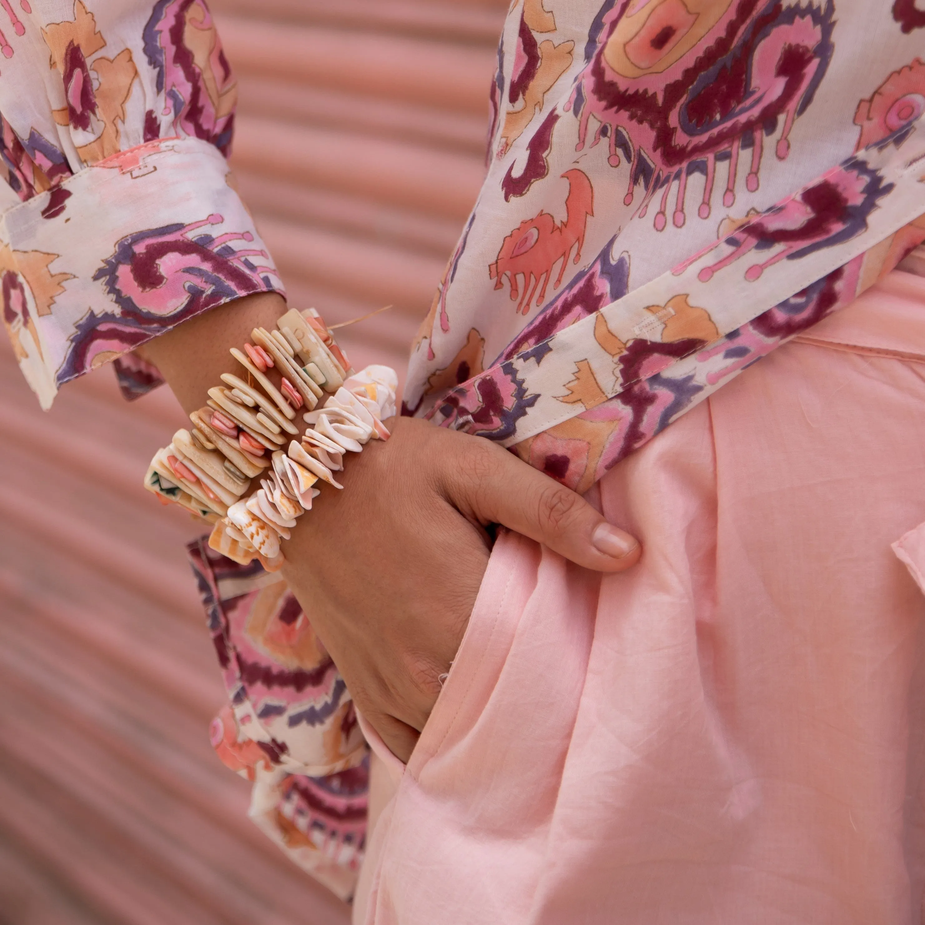 Ruhani White and Pink Ikat Blockprinted Co-ord set with Pink Shorts