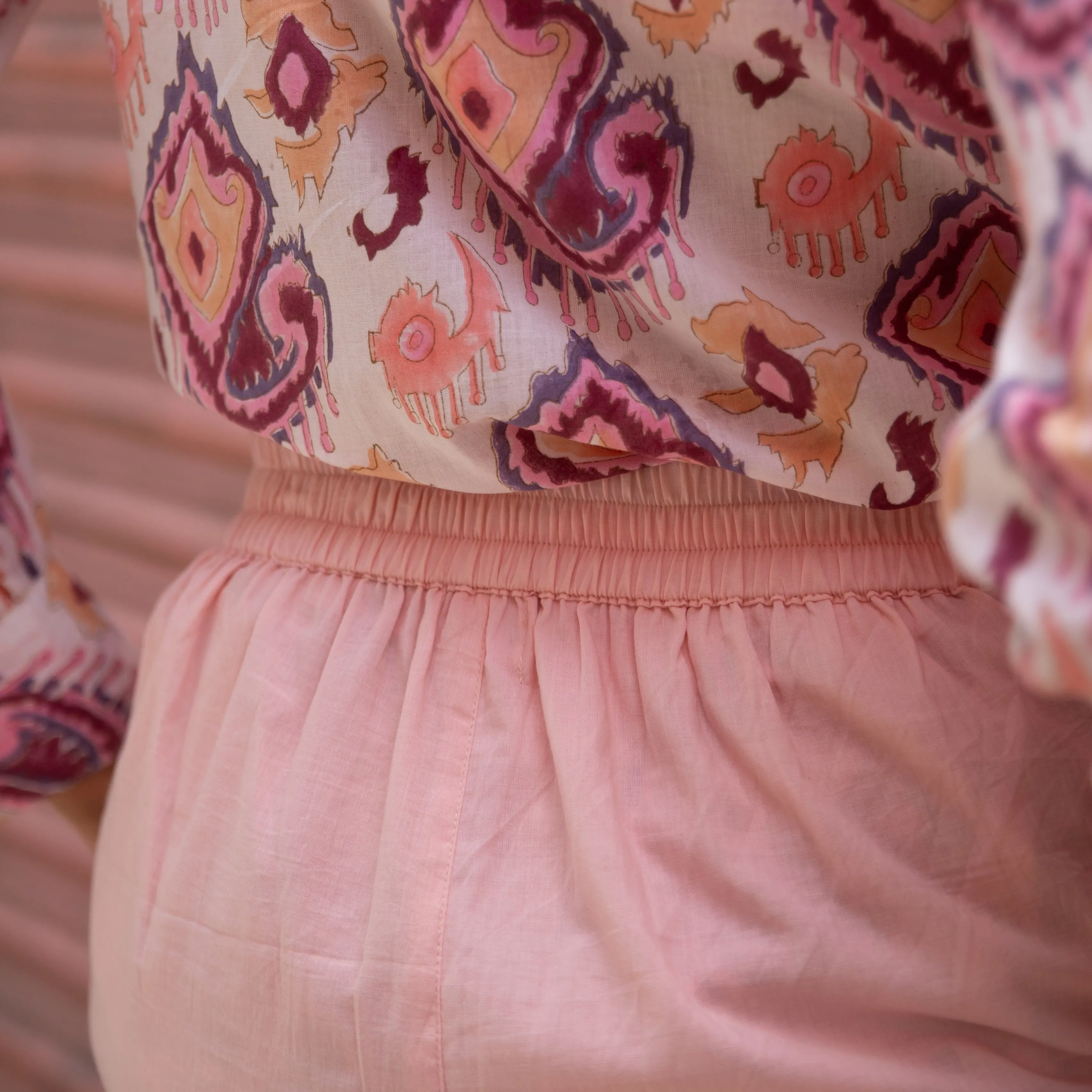 Ruhani White and Pink Ikat Blockprinted Co-ord set with Pink Shorts