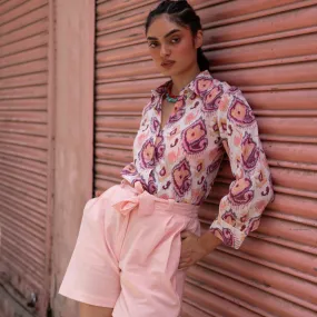 Ruhani White and Pink Ikat Blockprinted Co-ord set with Pink Shorts