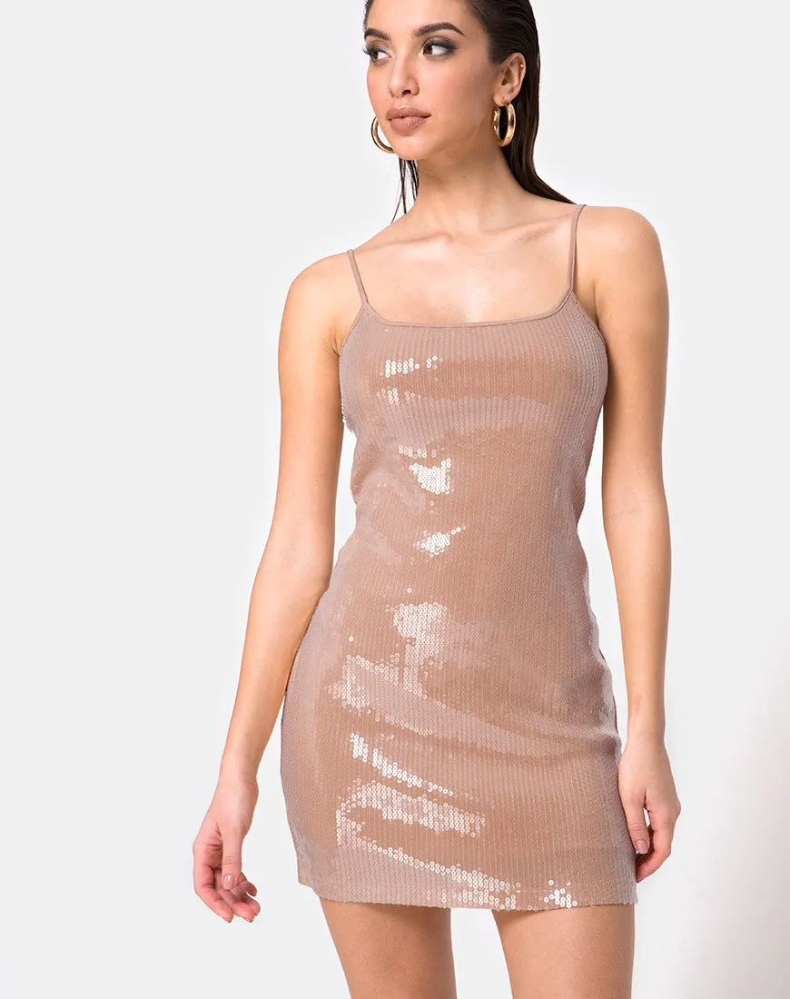 Selah Bodycon Dress in Camel with Clear Sequin